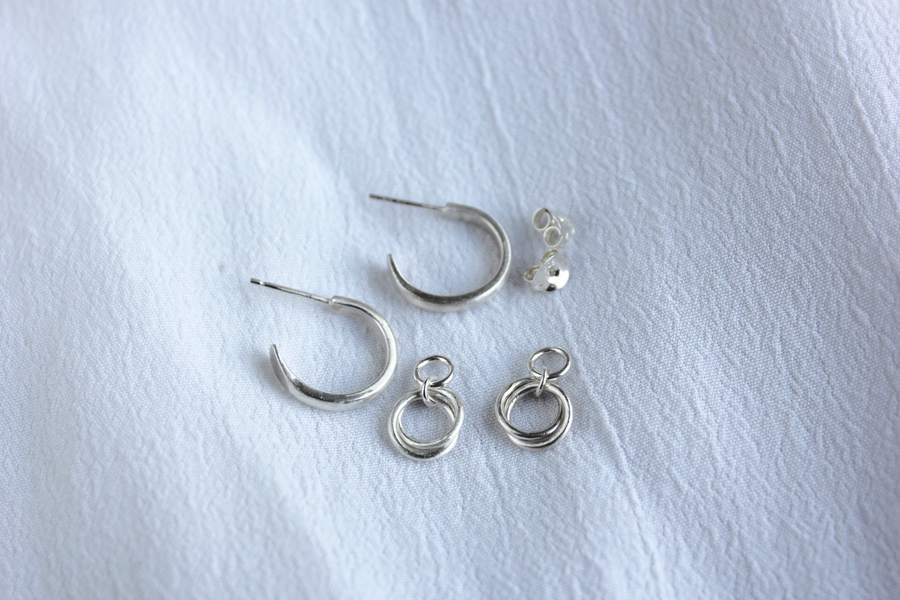 Double Circle Charm Hoops in Silver